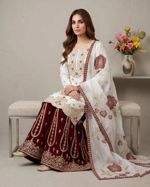 White Pure Gmy Silk Elegant Salwar Suit - Back View | Samyak Fashion
