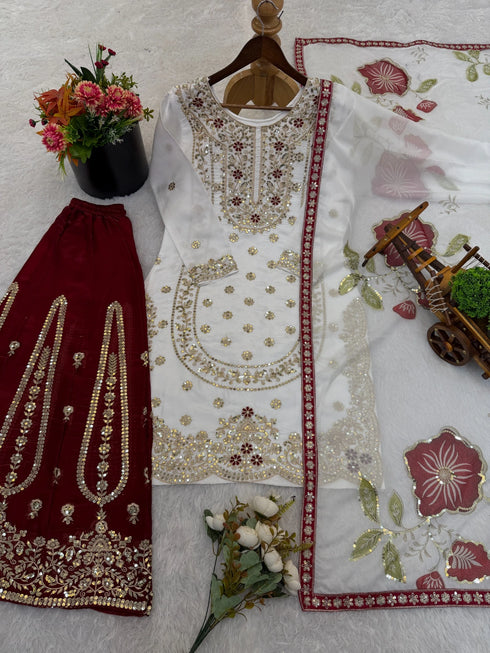 White Pure Gmy Silk Elegant Salwar Suit - Side View | Samyak Fashion