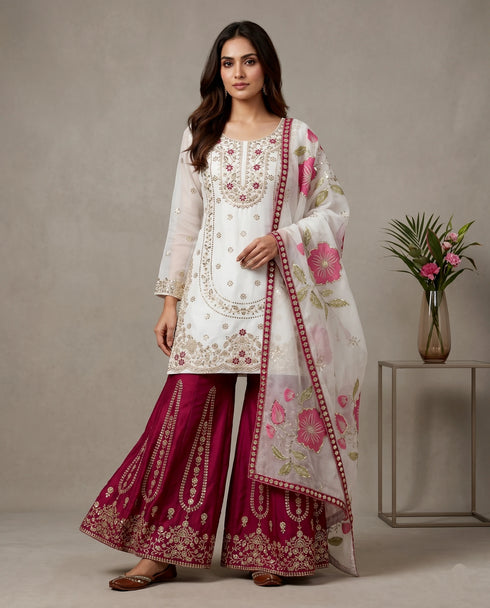 White Pure Gmy Silk Elegant Salwar Suit - Front View | Samyak Fashion