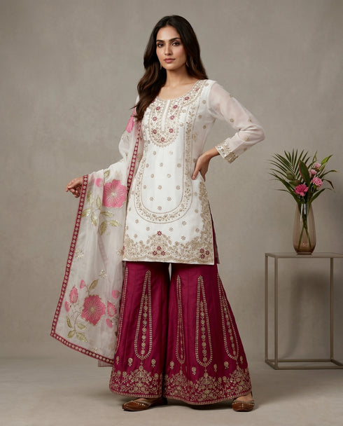 White Pure Gmy Silk Elegant Salwar Suit - Back View | Samyak Fashion