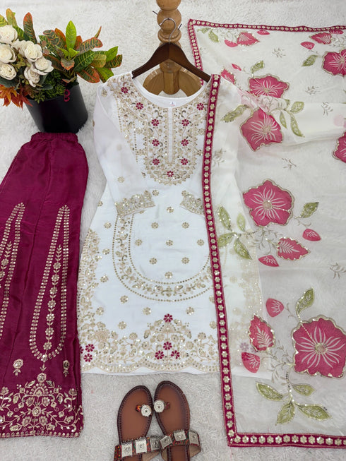White Pure Gmy Silk Elegant Salwar Suit - Side View | Samyak Fashion