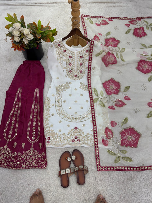 White Pure Gmy Silk Elegant Salwar Suit - Detail View | Samyak Fashion