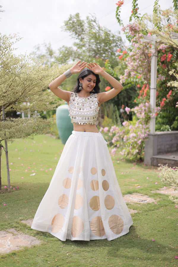 White Roman Silk Lahenga Choli - Front View | Samyak Fashion