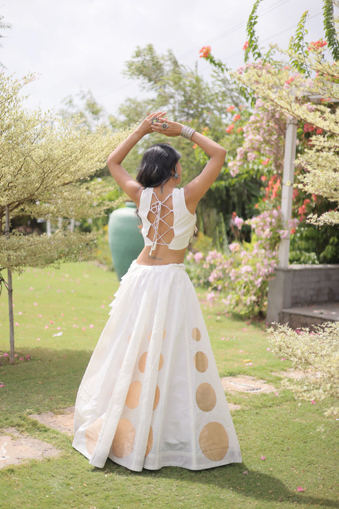 White Roman Silk Lahenga Choli - Back View | Samyak Fashion