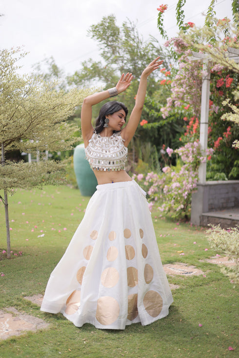 White Roman Silk Lahenga Choli - Side View | Samyak Fashion