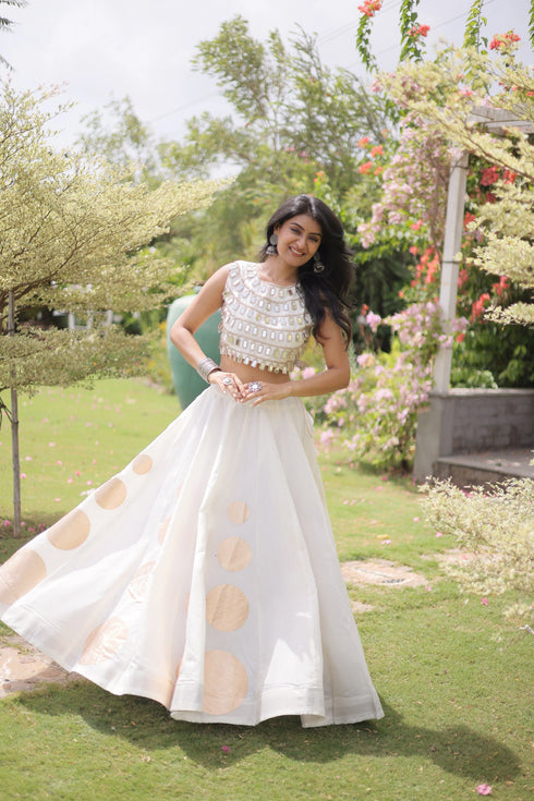 White Roman Silk Lahenga Choli - Detail View | Samyak Fashion