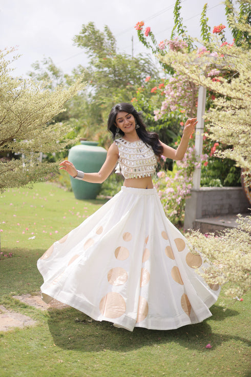 White Roman Silk Lahenga Choli - Close-up View | Samyak Fashion
