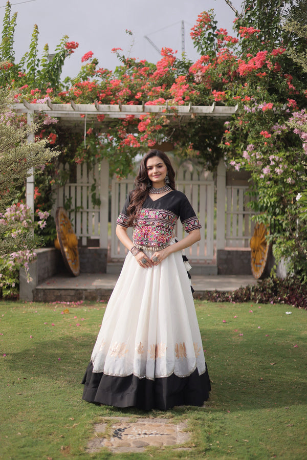 White Roman Silk Lehenga Choli - Front View | Samyak Fashion
