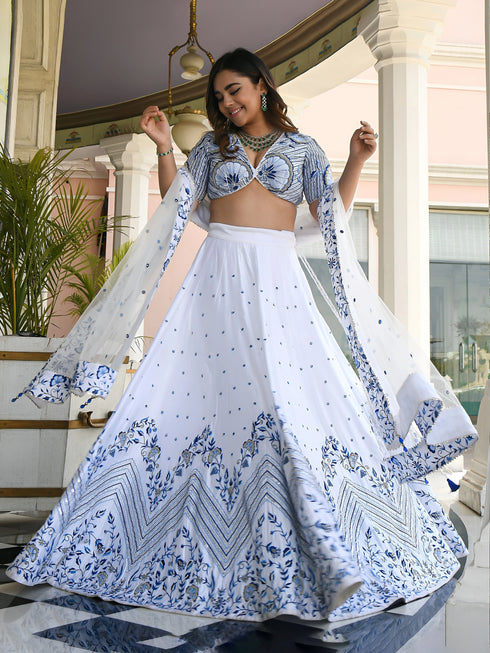White Satin Lehenga Choli - Front View | Samyak Fashion
