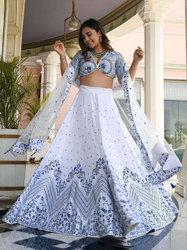 White Satin Lehenga Choli - Front View | Samyak Fashion