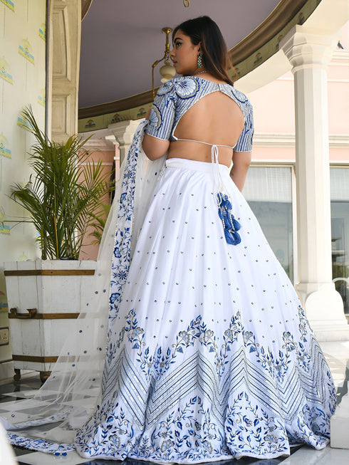 White Satin Lehenga Choli - Back View | Samyak Fashion