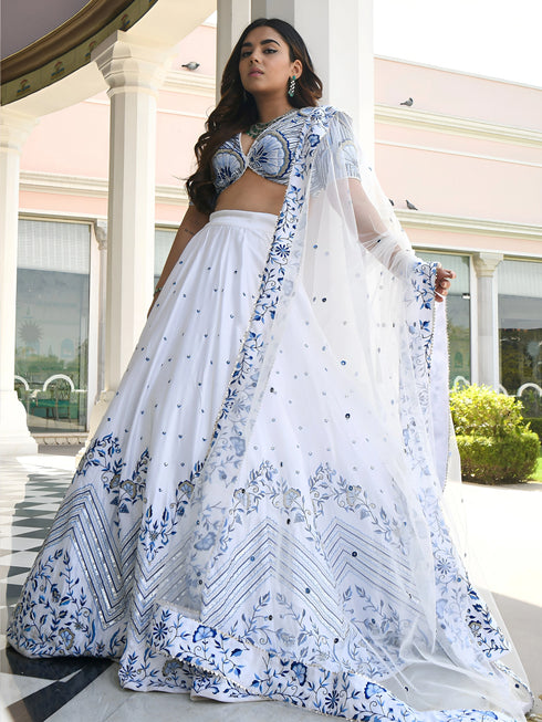 White Satin Lehenga Choli - Detail View | Samyak Fashion