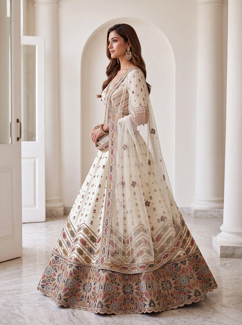 White Silk Lehenga Choli - Close-up View | Samyak Fashion