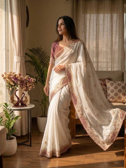 White Soft Crunchy Silk Party Wear Saree With Blouse - Front View | Samyak Fashion