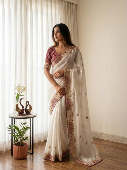 White Soft Crunchy Silk Party Wear Saree With Blouse - Back View | Samyak Fashion
