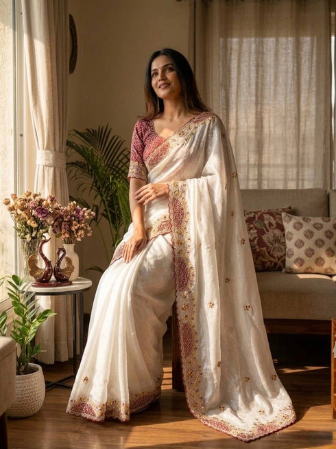 White Soft Crunchy Silk Party Wear Saree With Blouse - Side View | Samyak Fashion