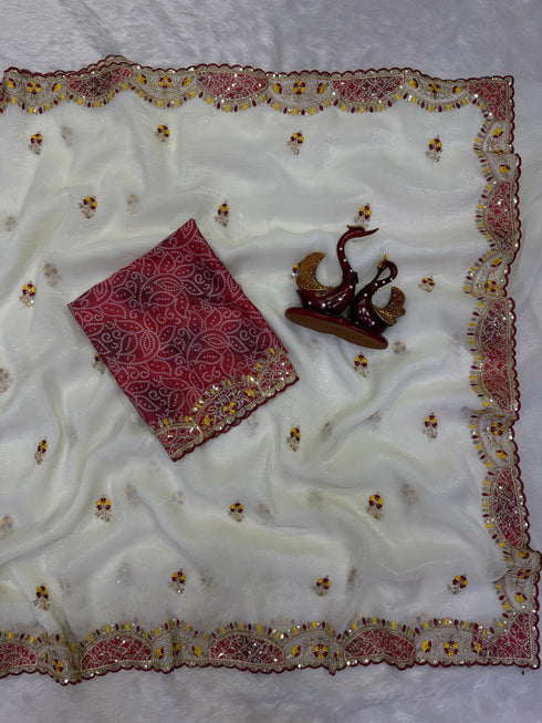 White Soft Crunchy Silk Party Wear Saree With Blouse - Detail View | Samyak Fashion
