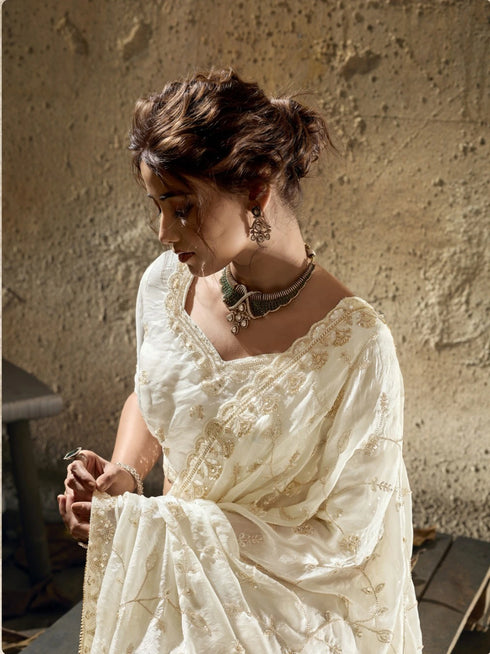 White Velvet Satin Party Wear Saree With Blouse - Detail View | Samyak Fashion