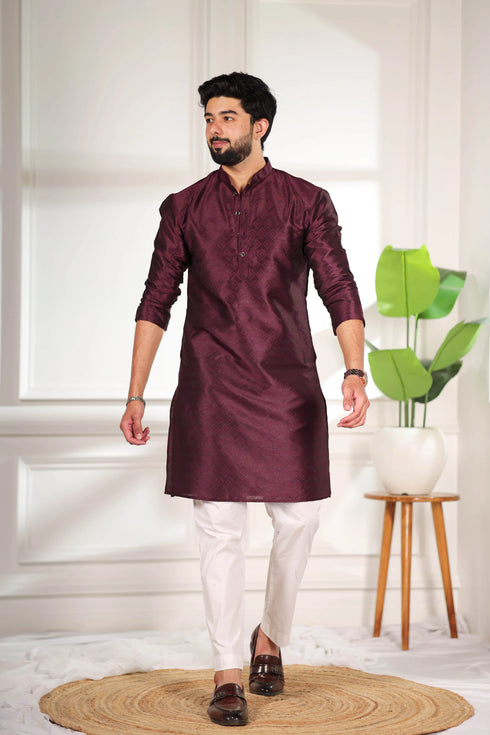 Wine Art Silk Mens Kurta With Payjama - Front View | Samyak Fashion