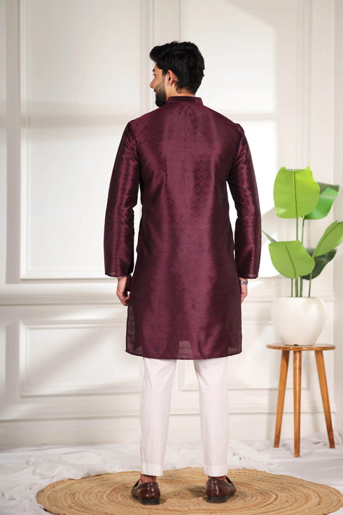 Wine Art Silk Mens Kurta With Payjama - Back View | Samyak Fashion