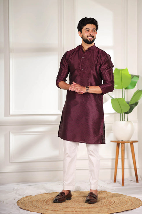 Wine Art Silk Mens Kurta With Payjama - Detail View | Samyak Fashion