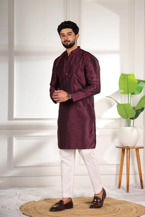 Wine Art Silk Mens Kurta With Payjama - Close-up View | Samyak Fashion