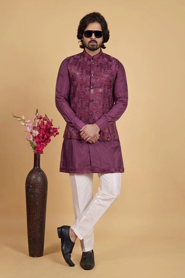 Wine Banarasi Silk Mens Mans - Front View | Samyak Fashion