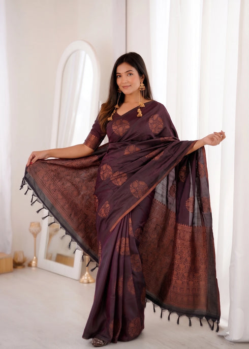 Wine Banarasi Soft Silk Party Wear Saree With Blouse - Side View | Samyak Fashion