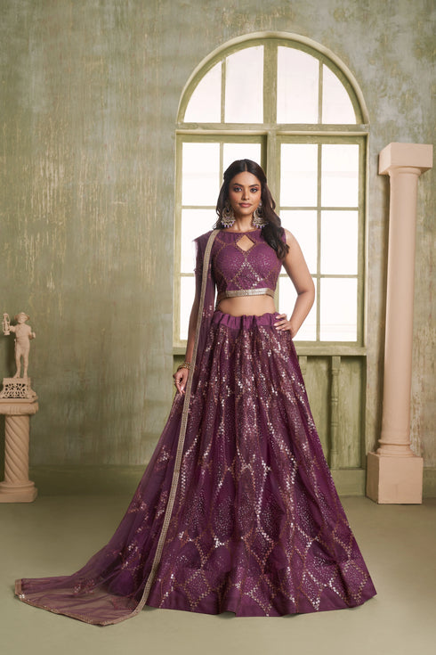 Wine Butterfly Net Lahenga Choli - Front View | Samyak Fashion