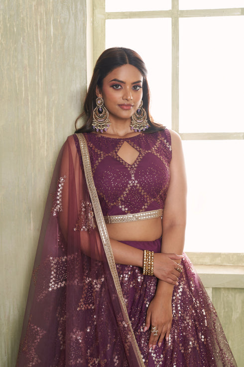 Wine Butterfly Net Lahenga Choli - Side View | Samyak Fashion