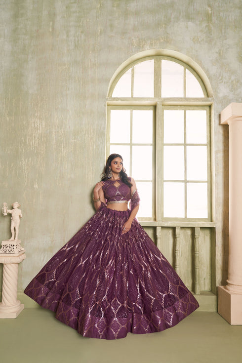 Wine Butterfly Net Lahenga Choli - Detail View | Samyak Fashion