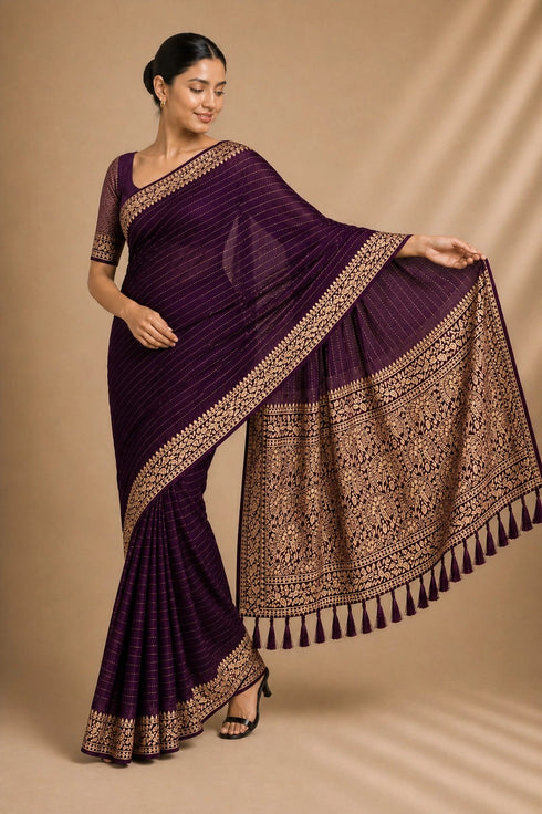 Wine Chiffon Saree With Blouse - Front View | Samyak Fashion