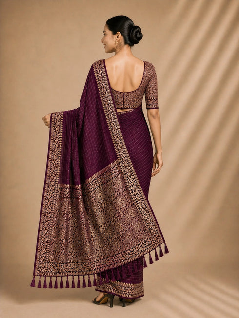Wine Chiffon Saree With Blouse - Back View | Samyak Fashion
