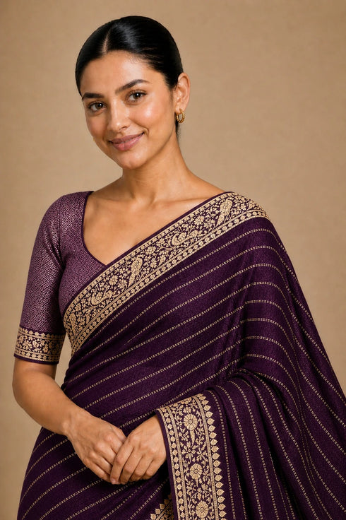 Wine Chiffon Saree With Blouse - Side View | Samyak Fashion