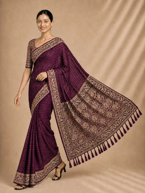 Wine Chiffon Saree With Blouse - Close-up View | Samyak Fashion