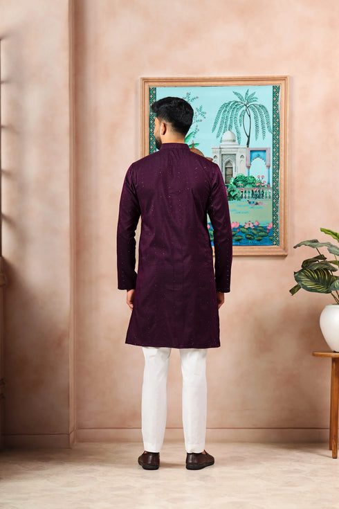 Wine Cotton Mens Kurta With Payjama - Back View | Samyak Fashion