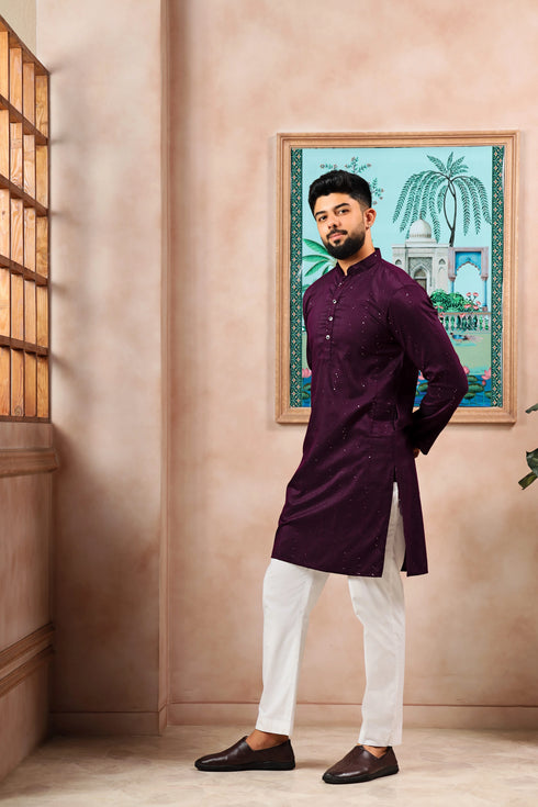 Wine Cotton Mens Kurta With Payjama - Detail View | Samyak Fashion