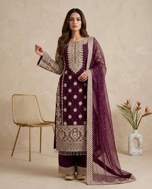 Wine Faux Georgette Elegant Salwar Suit - Front View | Samyak Fashion