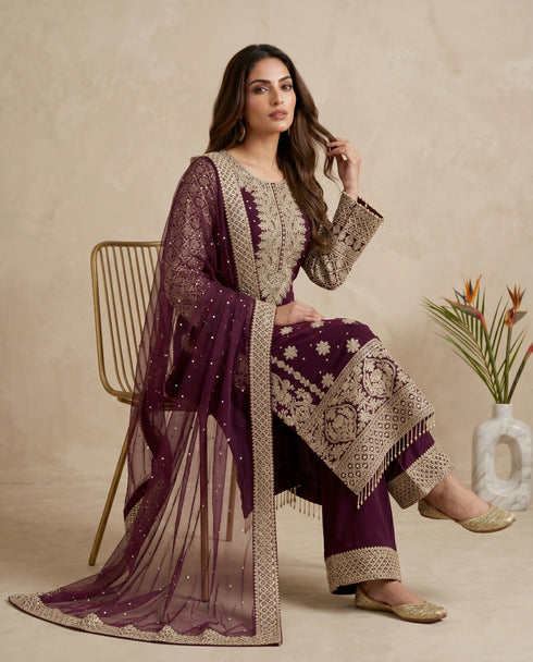Wine Faux Georgette Elegant Salwar Suit - Back View | Samyak Fashion