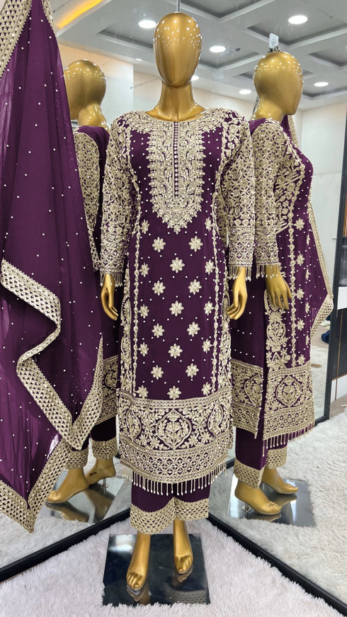 Wine Faux Georgette Elegant Salwar Suit - Detail View | Samyak Fashion