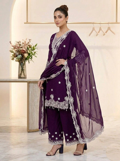 Wine Georgette Salwar Suit - Back View | Samyak Fashion