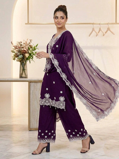 Wine Georgette Salwar Suit - Side View | Samyak Fashion