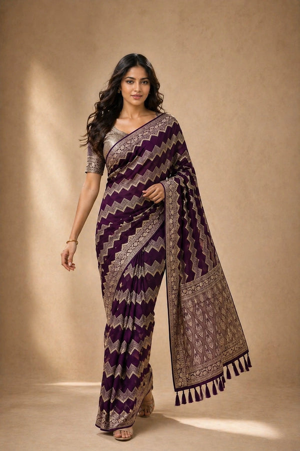 Wine Georgette Saree With Blouse - Front View | Samyak Fashion