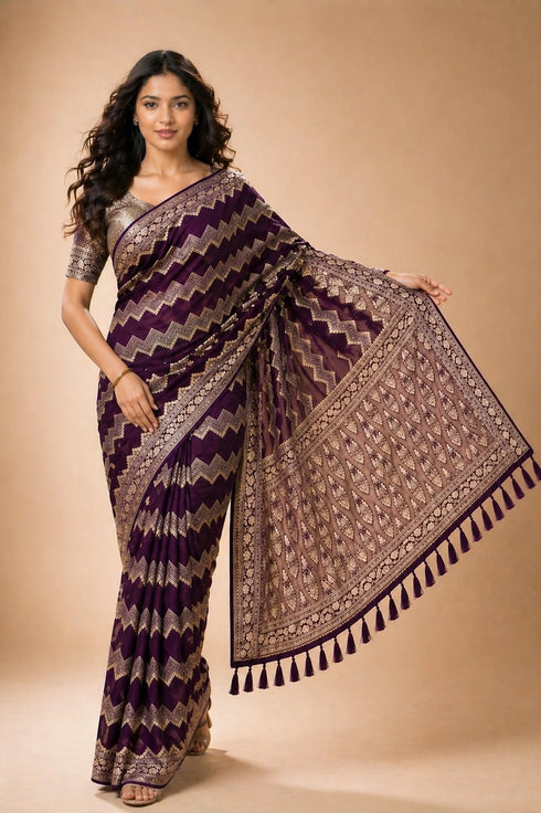 Wine Georgette Saree With Blouse - Back View | Samyak Fashion