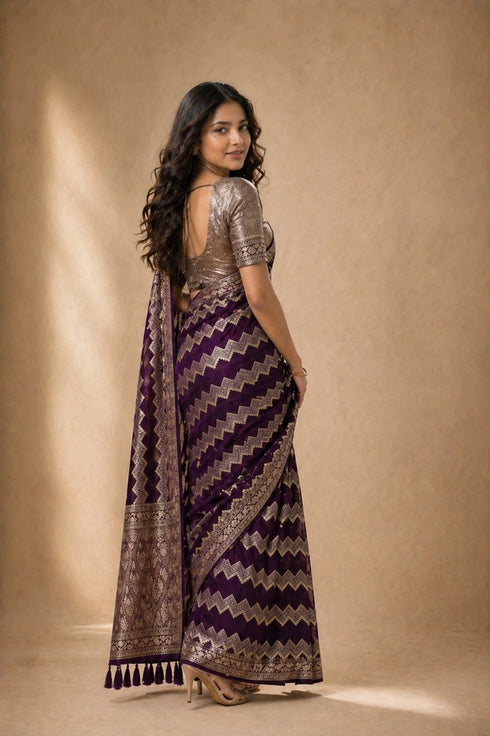 Wine Georgette Saree With Blouse - Detail View | Samyak Fashion