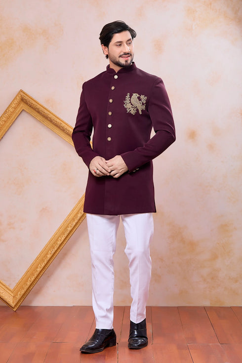 Wine Imported Lachka Fabric Mens Premium Men's Indo Western - Front View | Samyak Fashion