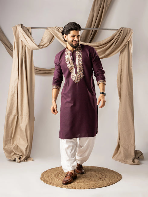 Wine Linen Mens Kurta With Payjama - Front View | Samyak Fashion