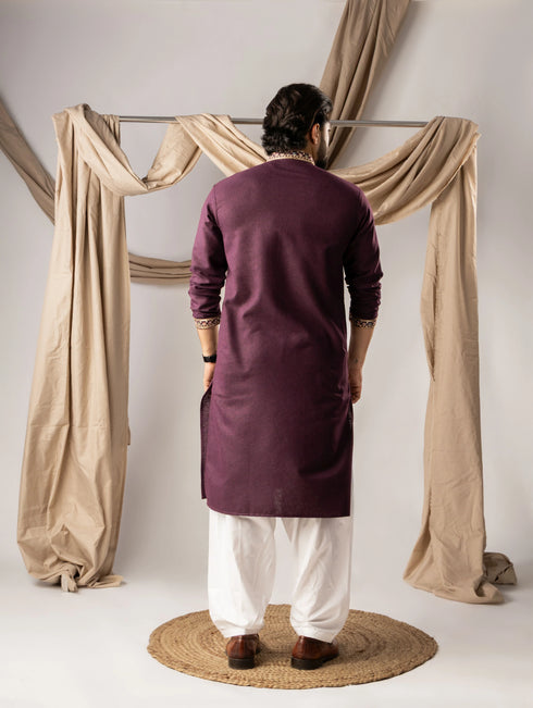 Wine Linen Mens Kurta With Payjama - Back View | Samyak Fashion