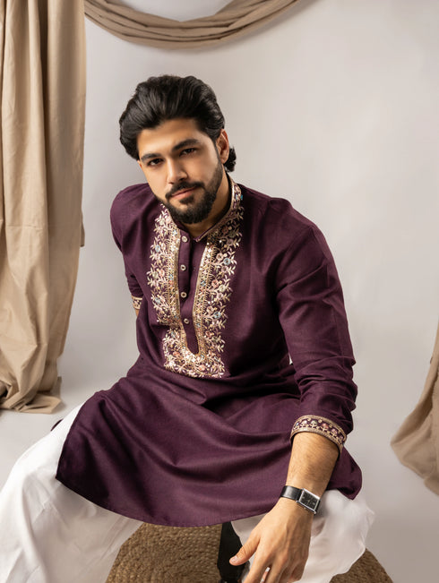Wine Linen Mens Kurta With Payjama - Side View | Samyak Fashion