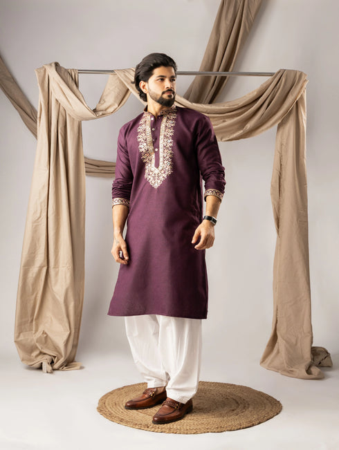 Wine Linen Mens Kurta With Payjama - Detail View | Samyak Fashion